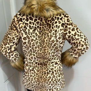LEOPARD SHEARED MINK JACKET WITH FAUX FOX TRIM